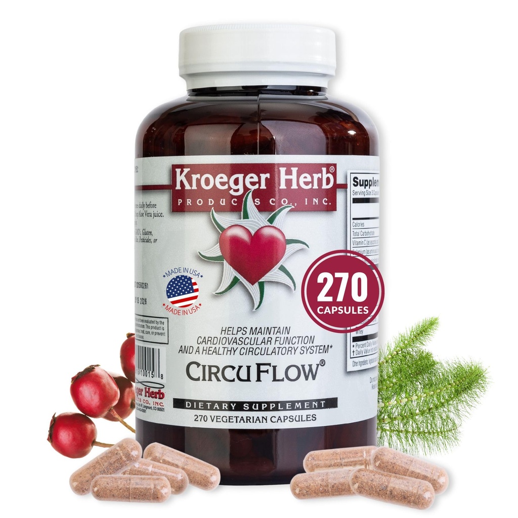 Kroeger Herb Products, Circu Flow, Hawthorn Supplement for Heart Support, Daily Circulation Supplement, Προωθεί Καρδιαγγειακή λειτουργία με Hawthorn Berry, Μη ΓΤΟ, 270 Κάψουλες, Made in USA