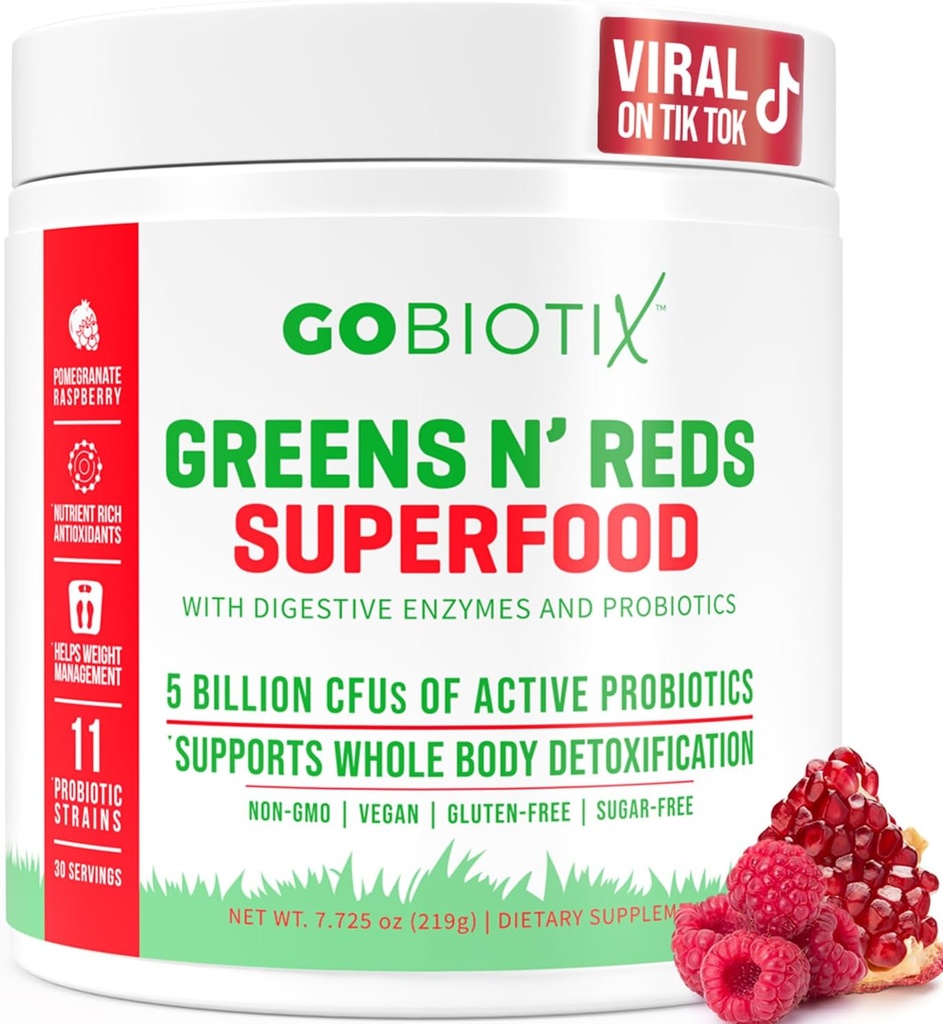 GOBIOTIX Super Greens and Reds Powder - Κόκκινο και Πράσινο Superfood - Probiotic Supplement - Digestive Enzymes and Beet Root Powder - Βιολογικά Ολόκληρα Τρόφιμα Συμπλήρωμα Διατροφής (Pom Raspberry, 1 Pack)