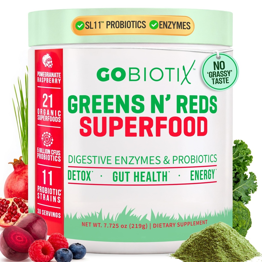 GOBIOTIX Super Greens and Reds Powder - Κόκκινο και Πράσινο Superfood - Probiotic Supplement - Digestive Enzymes and Beet Root Powder - Βιολογικά Ολόκληρα Τρόφιμα Συμπλήρωμα Διατροφής (Pom Raspberry, 1 Pack)