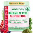 GOBIOTIX Super Greens and Reds Powder - Κόκκινο και Πράσινο Superfood - Probiotic Supplement - Digestive Enzymes and Beet Root Powder - Βιολογικά Ολόκληρα Τρόφιμα Συμπλήρωμα Διατροφής (Pom Raspberry, 1 Pack)