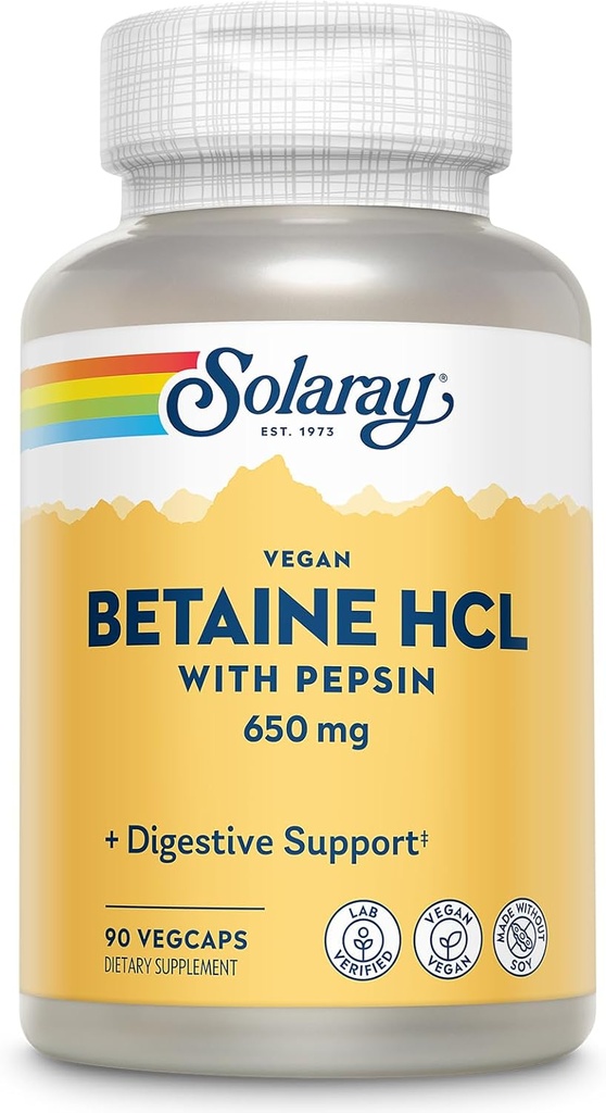 SOLARAY Vegan Betaine HCL με Pepsin - Hydrochloric Acid Supplement for Digestive Health - with Betaine Hydrochloride and Digestive Enzymes - Υποστήριξη για την Υγεία των Ούρων - 60 ημερών Εγγύηση, 90 VegCaps