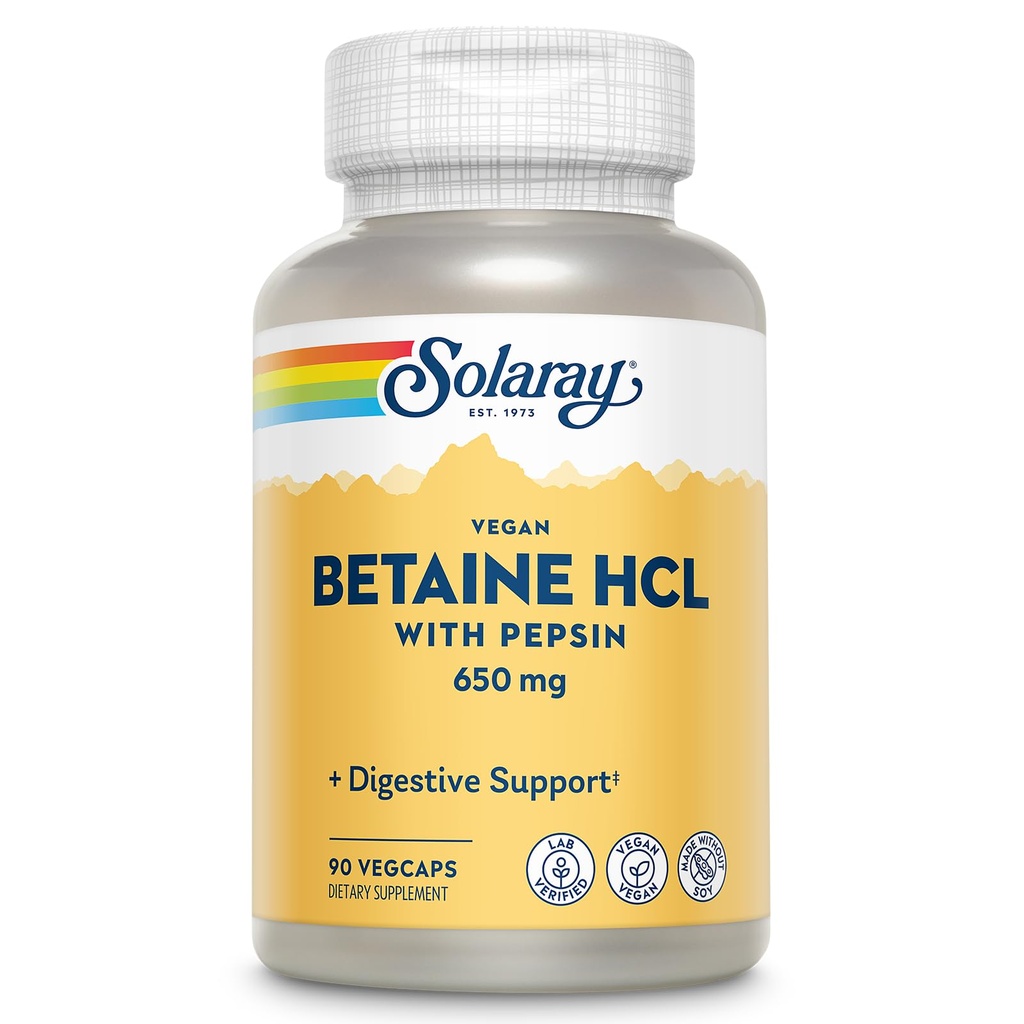 SOLARAY Vegan Betaine HCL with Pepsin - Hydrochloric Acid Supplement for Digestive Health - with Betaine Hydrochloride and Digestive Enzymes - Gut Health Support - 60-Day Guarantee, 90 VegCaps