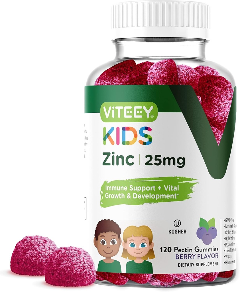 Viteey ψευδάργυρος για παιδιά Gummies, 25mg - ανοσοποιητική υποστήριξη για παιδιά & εφήβους - Ισχυρό φυσικό αντιοξειδωτικό, παιδιά συμπλήρωμα βιταμίνης ψευδάργυρου - Vegan, χωρίς γλουτένη, χωρίς γλουτένη - Νόστιμο Cheastable Berry Flavor Gummy