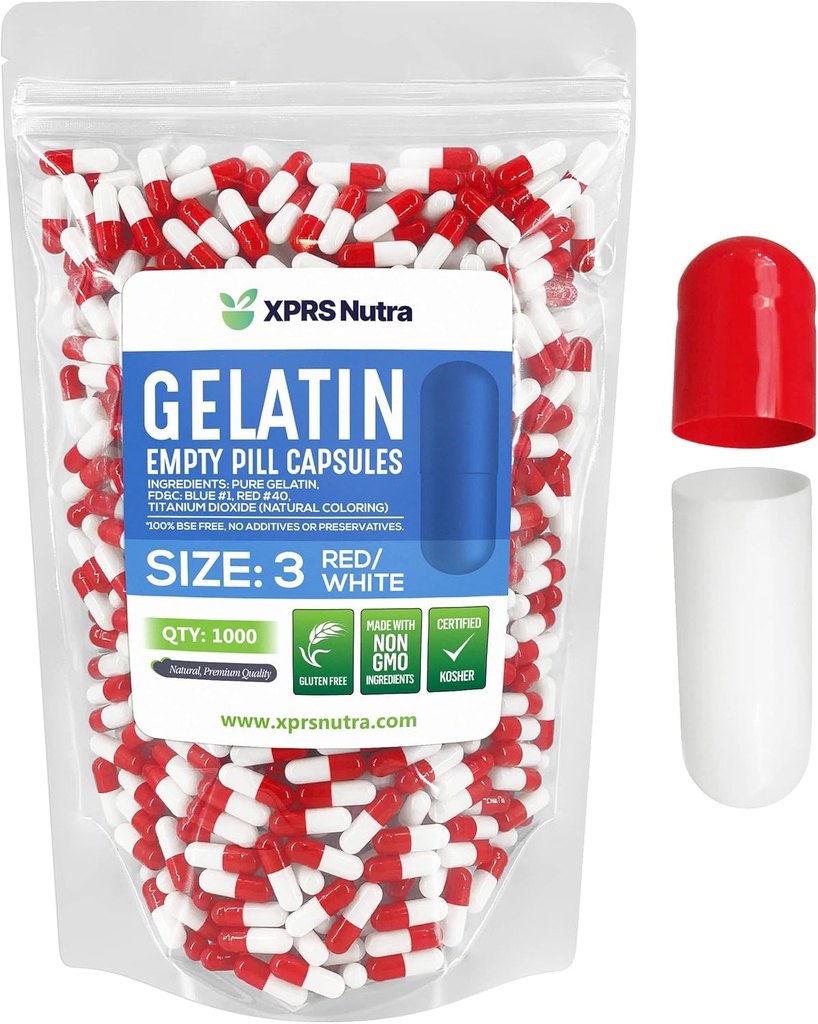 XPRS Nutra Size 3 Empty Capsules - 1000 Count Empty Gelatin Capsules - Pills DIY Capsule Filling - Pure Bovine Pill Gel Caps Fillable for Do-It-Yourself Vitamins and Supplements (Red/White)