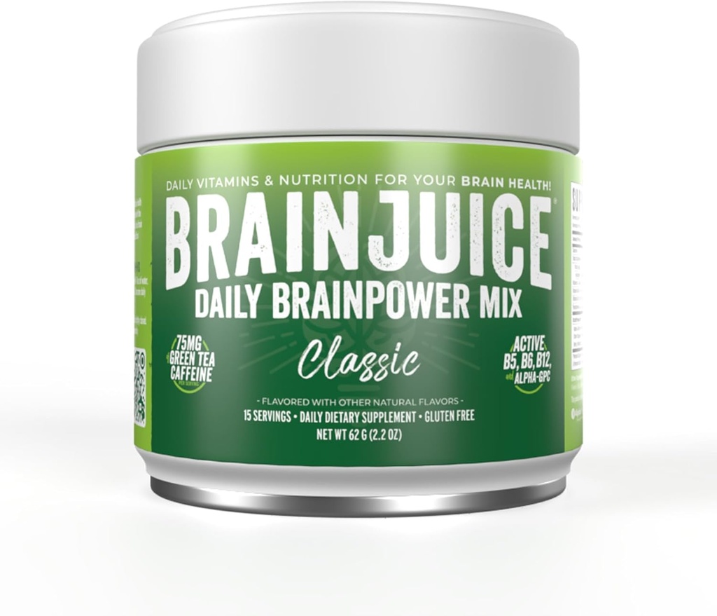 Συμπλήρωμα υποστήριξης εγκεφάλου BrainJuice Nootropics, χωρίς γλουτένη σκόνη για την ενέργεια και την εστίαση, μείγμα ποτών με L Theanine, Alpha GPC, Βιταμίνη Β, Βιολογικό Πράσινο εκχύλισμα τσαγιού καφεΐνη, Classic, 15 εξυπηρετούν