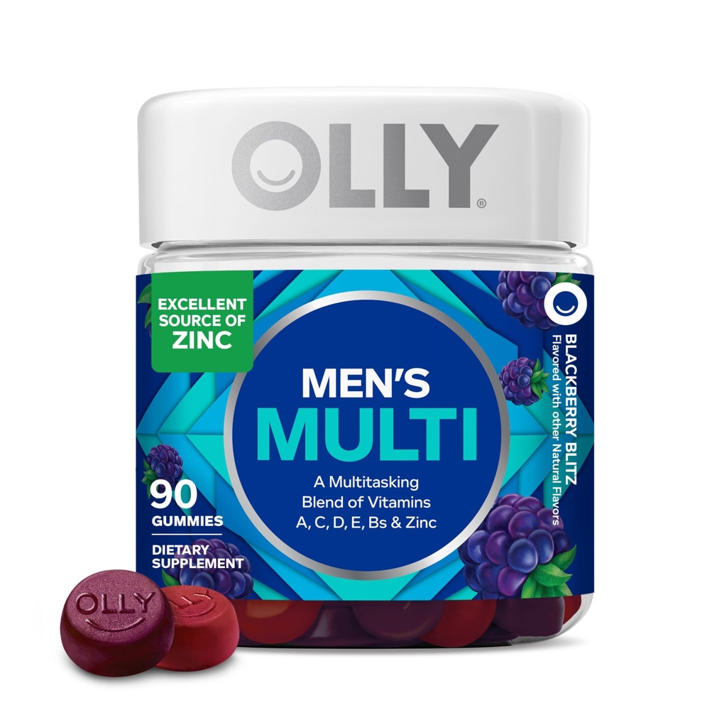 OLLY Ανδρική Πολυβιταμίνη Gummy, Βιταμίνες A, C, D, E, B, Ψευδάργυρος, Blackberry Flavor, 45 Day Supply - 90 Count