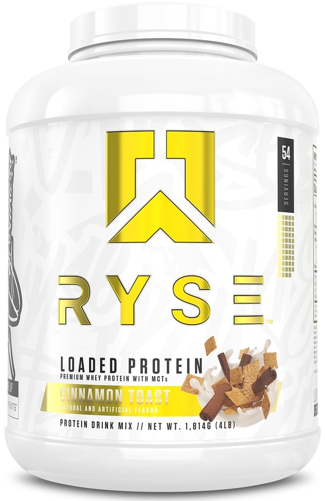 RYSE Loaded Protein Powder - Τοστ κανέλας - 25g Whey Protein Isolate & Concent with Prebiotic Fiber & MCTs - Χαμηλός υδατάνθρακες, χαμηλή ζάχαρη, Digestive-Friendly - 54 σερβιέτες / 4 lb Tub