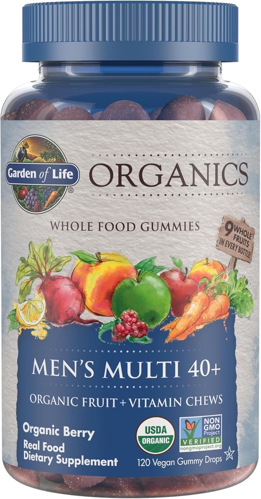 Garden of Life Organics Men 40+ Gummy Vitamins - Berry - Πιστοποιημένα Βιολογικά, Μη ΓΤΟ, Vegan, Kosher Complete Multi - Methyl B12, C & D3 - Γλουτένη, Χωρίς σόγια & γαλακτοκομικά, 120 Real Fruit Gummies