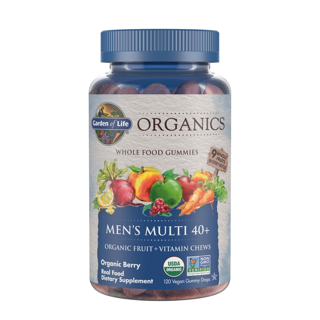 Garden of Life Organics Men 40+ Gummy Vitamins - Berry - Πιστοποιημένα Βιολογικά, Μη ΓΤΟ, Vegan, Kosher Complete Multi - Methyl B12, C & D3 - Γλουτένη, Χωρίς σόγια & γαλακτοκομικά, 120 Real Fruit Gummies