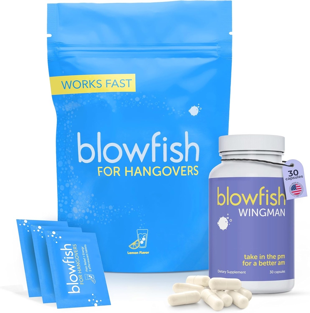 Blowfish Wingman for Hangovers – The Ultimate Night + Day Hangover Fighting System. Knock Out Hangovers with 30 Wingman Capsules and 20 EFFERVESCENT Tablets