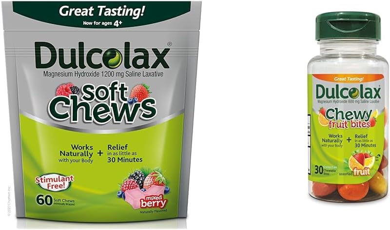 Dulcolax Soft Chews Saline Laxative Mixed Berry (60ct) Gentle Constipation Relief, Magnesium Hydroxide 1200mg & Chewy Fruit Bites, Saline Laxative, Assorted Fruit (30ct) Cramp-Free Constipation Relief
