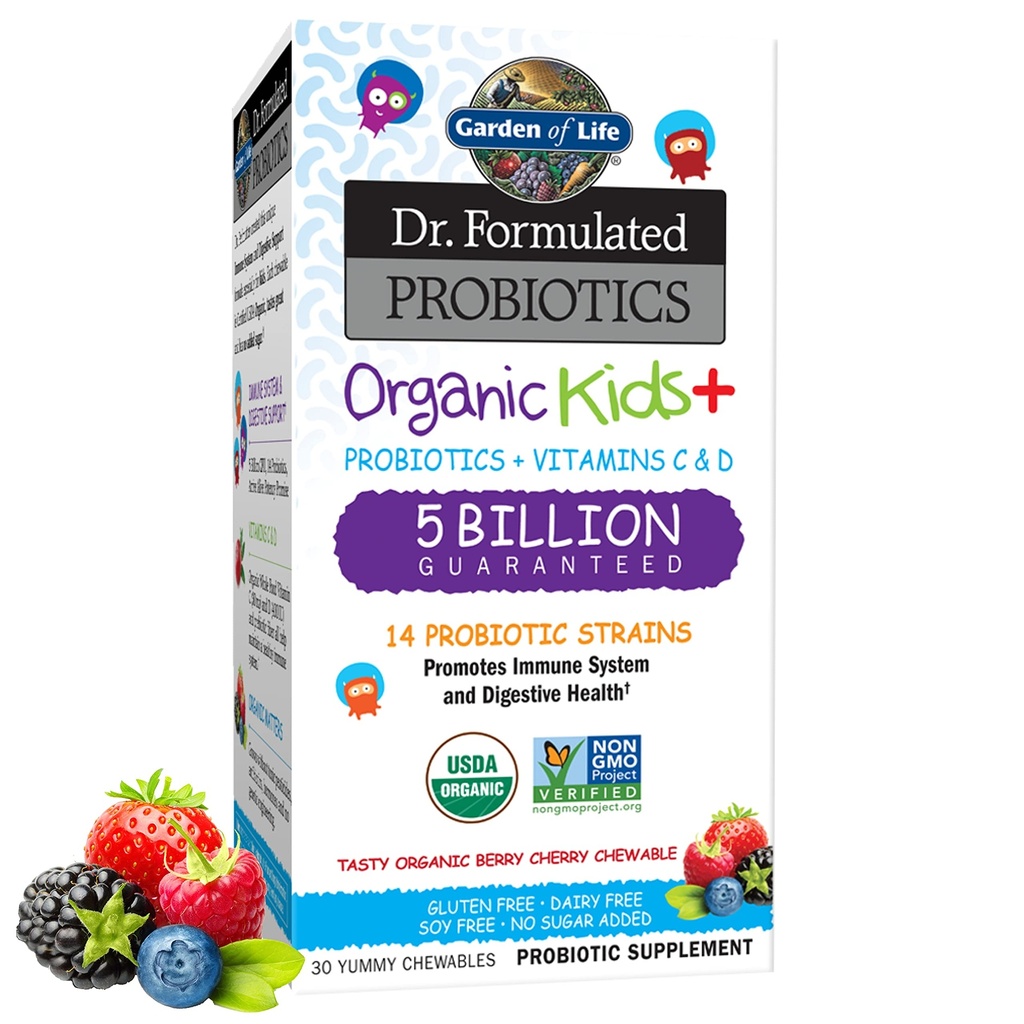 Κήπος της Ζωής Παιδικά Προβιοτικά, Dr. Formulated Probiotics Organic Kids+ Vitamin C & D, Berry Cherry, Gluten Dairy & Soy Free Immune & Digestive Health Supplement, 30 Μασώμενα