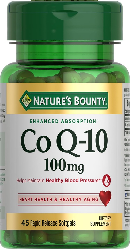 Nature's Bounty CoQ10 100mg για την υποστήριξη της υγείας της καρδιάς, μη GMO Q- Sorb Coenzyme Q-10 Αντιοξειδωτική υποστήριξη και καρδιοαγγειακή ευεξία, συμπλήρωμα διατροφής, ταχεία απελευθέρωση Softgels, 45 ct