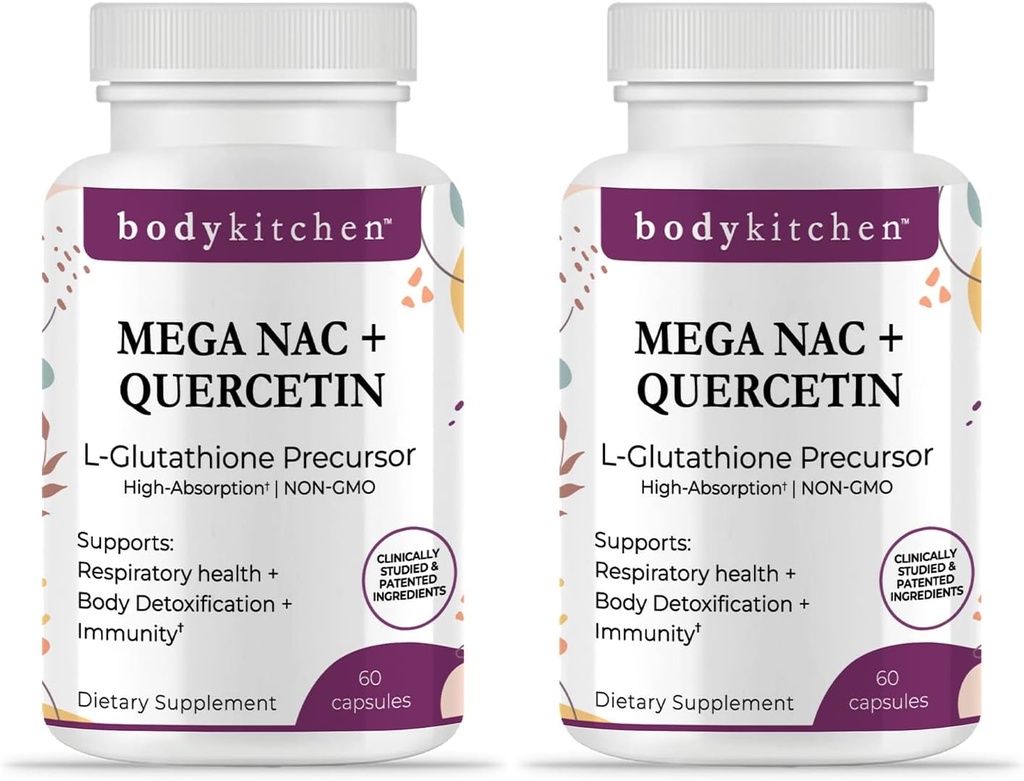 Κουζίνα Σώματος Mega NAC (N- Acetyl Cysteine) 600 mg με Quercetin, υποστηρίζει την αναπνευστική υγεία και την ανοσοποιητική λειτουργία και προάγει το ήπαρ και το νεφρό Detox, Veggie Caps, (πακέτο του 2)