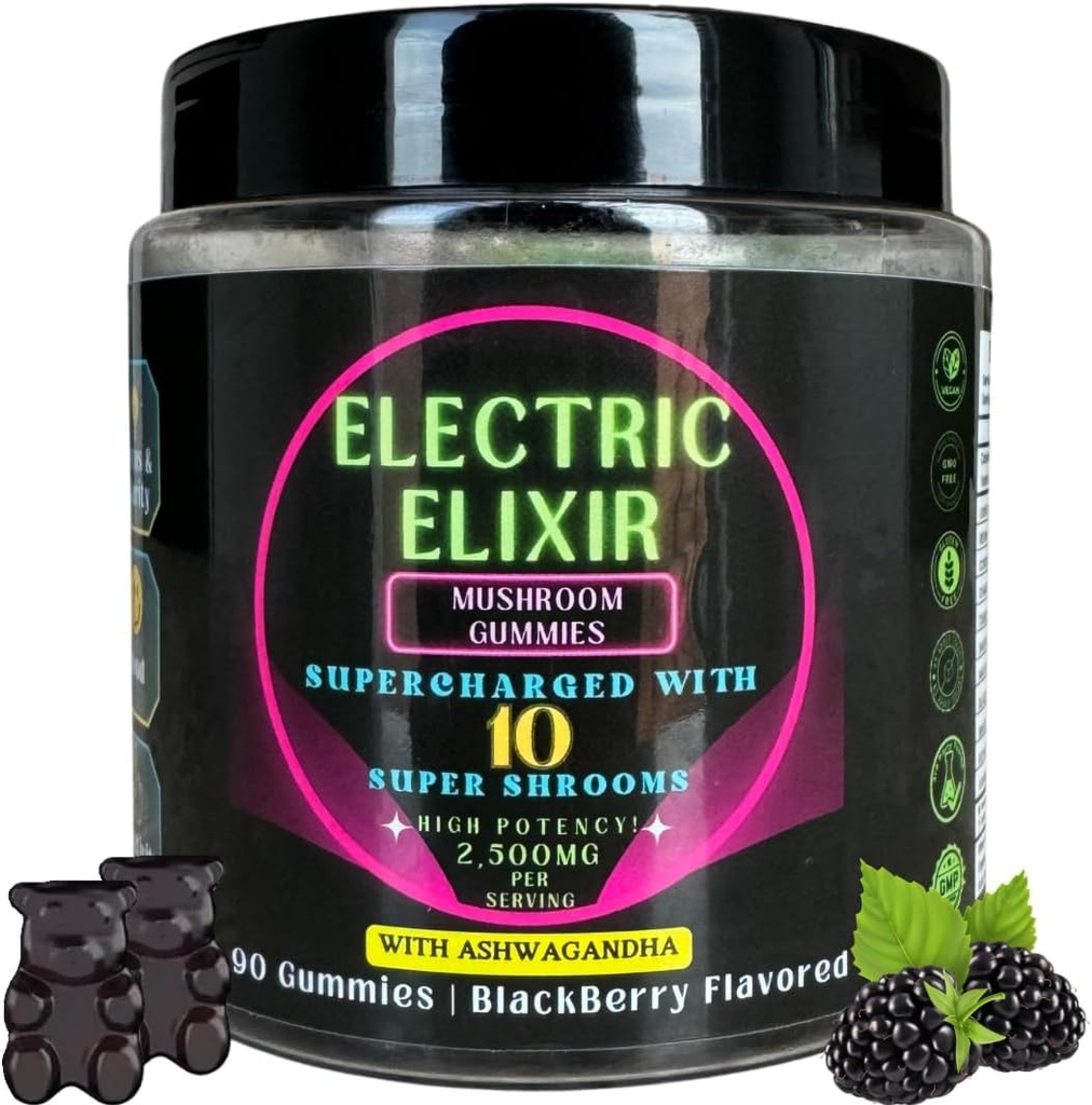 Mane & Ashwagandha συμπλήρωμα Mushroom Gummies - Βιολογικός, Vegan, Nootropic, GlutenFree - Ολοκληρωμένο συμπλήρωμα για την εγκεφαλική εστίαση, ενέργεια, Mood & Stamina - 10 Mushroom Blend 90Count BlackBerry