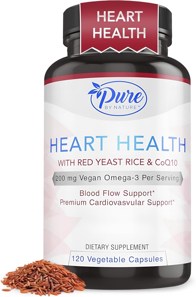 Pure By Nature Red Yeast Rice with CoQ10 συμπλήρωμα για άνδρες & γυναίκες, 200mg Vegan Omega 3 ανά υπηρεσία, χωρίς γλουτένη GMO, 120 κάψουλες