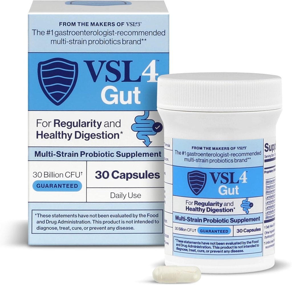 VSL4® Gut Daily Probiotics for Gut Health - 30B CFUs, Multi-Strain Digestive Support for Women & Men, Promotes Gut Balance & Regularity, Potent, Shelf-Stable Probiotic Supplement, 30 Capsules