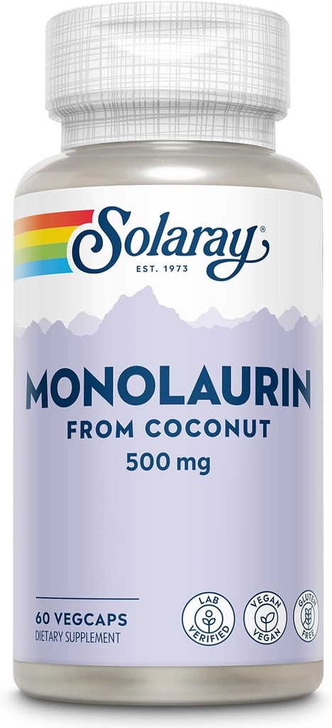 SOLARAY Monolaurin 500mg από τη φυσική καρύδα - συμπλήρωμα μονολαουρίνης για ισχυρή θρεπτική υποστήριξη - 60 ημερών εγγύηση επιστροφής χρημάτων, Εργαστήριο Επαληθευμένο - 60 υπηρεσίες, 60 VegCaps