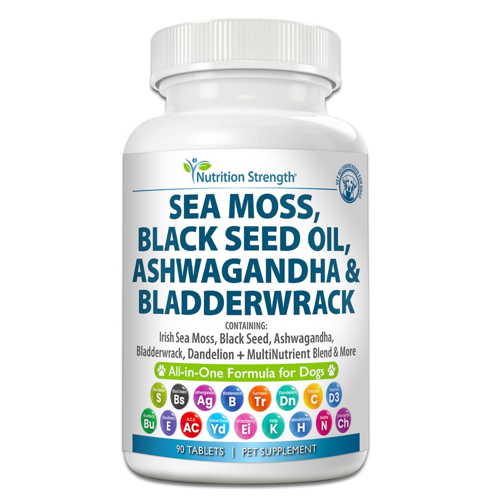 Sea Moss for Dogs 750mg Black Seed Oil 500mg Ashwagandha 250mg Turmeric 250mg Bladderwrack 250mg Dandelion 250mg & Βιταμίνη C D3 με Elderberry Manuka Yellow Dock 90 δισκία