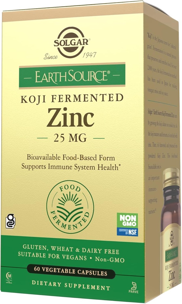 Solgar Earth Source Food Fermented Koji Zinc 25mg, 60 κάψουλες λαχανικών - Υψηλότερη απορρόφηση, βιοδιαθέσιμος ψευδάργυρος για το ανοσοποιητικό και το δέρμα υγεία - Μη-GMO, Vegan, Γλουτένη No, Γαλακτοκομικά No, Kosher - 60 Σερβιέτες