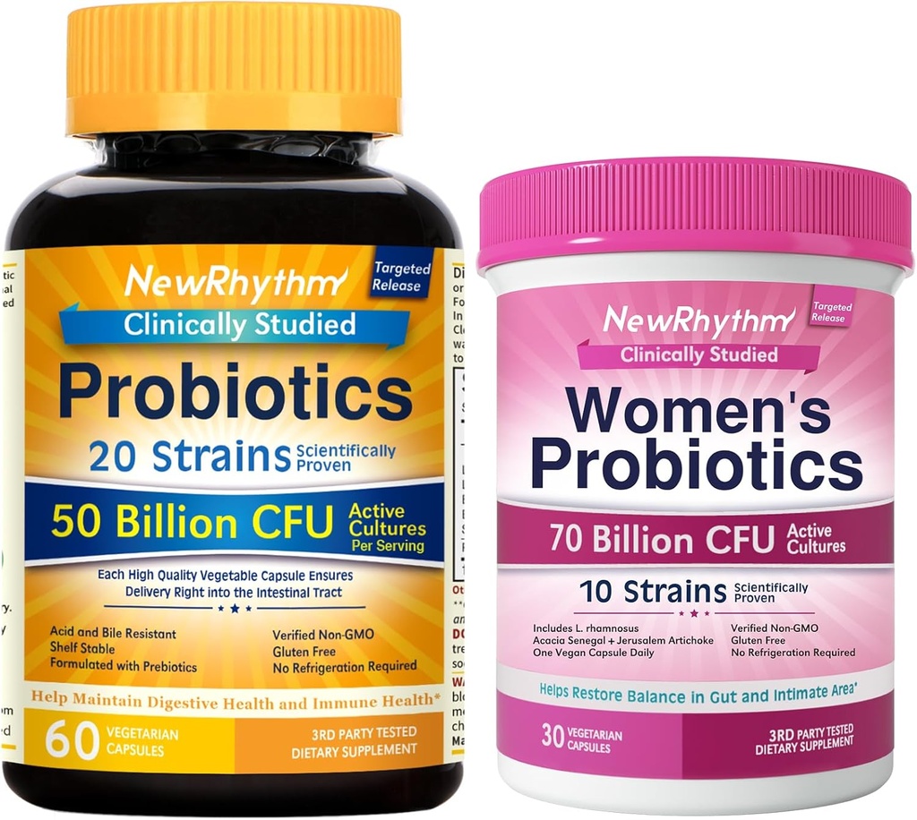 NewRhythm Gut & Feminine Health Bundle, Probiotics 50 Δισεκατομμύρια CFU & Γυναικεία Προβιοτικά 70 Δισεκατομμύρια CFU, Καθημερινή Φροντίδα για την Υγεία των Ούρων και των Φεμινικών, 90 Κάψουλες Σύνολο (Pack of 2)