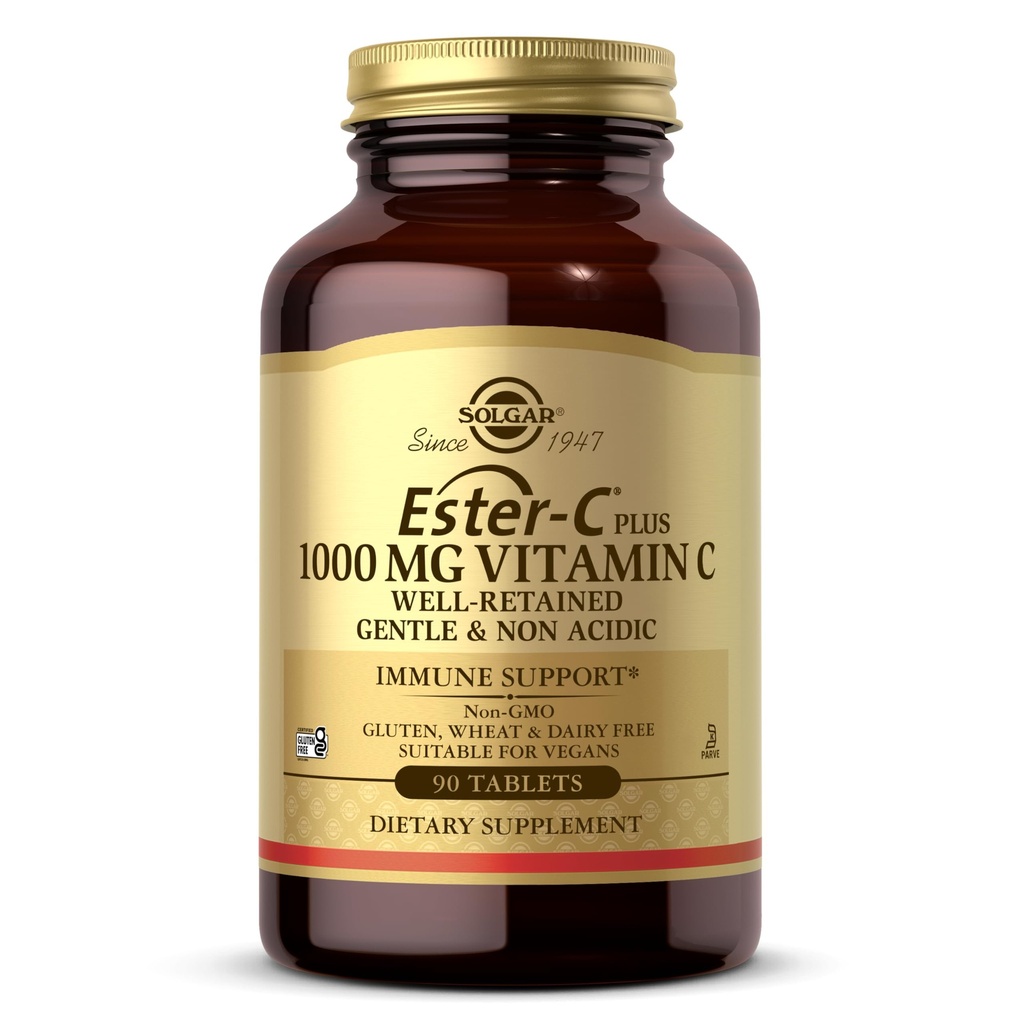 Solgar Ester- C Plus 1000 mg Βιταμίνη C (Ascorbate Complex), 90 δισκία - Απαλό στομαχικό & μη οξύ - Αντιοξειδωτικό & ανοσοποιητικό σύστημα Υποστήριξη - Μη ΓΤΟ, Vegan, Gluten-free, Kosher - 90 Σερβιέτες