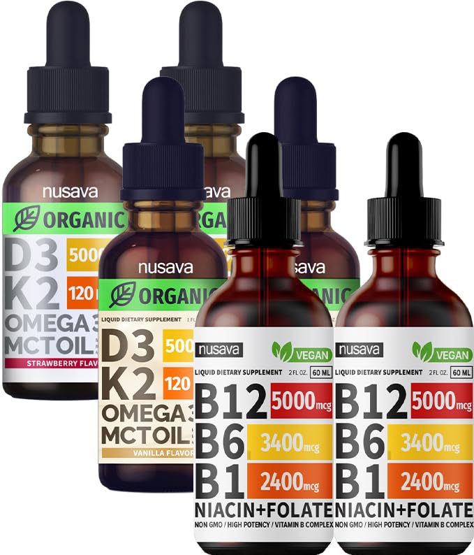 NUSAVA Βιταμίνη B12 Υγρές σταγόνες Bundle, Φράουλα Γεύση D3 K2, & Βανίλια Γεύση D3 K2 - Ισχυρές Υγρές Βιταμίνες για την Καρδιά, την Ενέργεια, τον Εγκέφαλο και την Ανοσοποιητική Υποστήριξη - Μη-GMO, Χωρίς Γλουτένη, 2pk Καθένα
