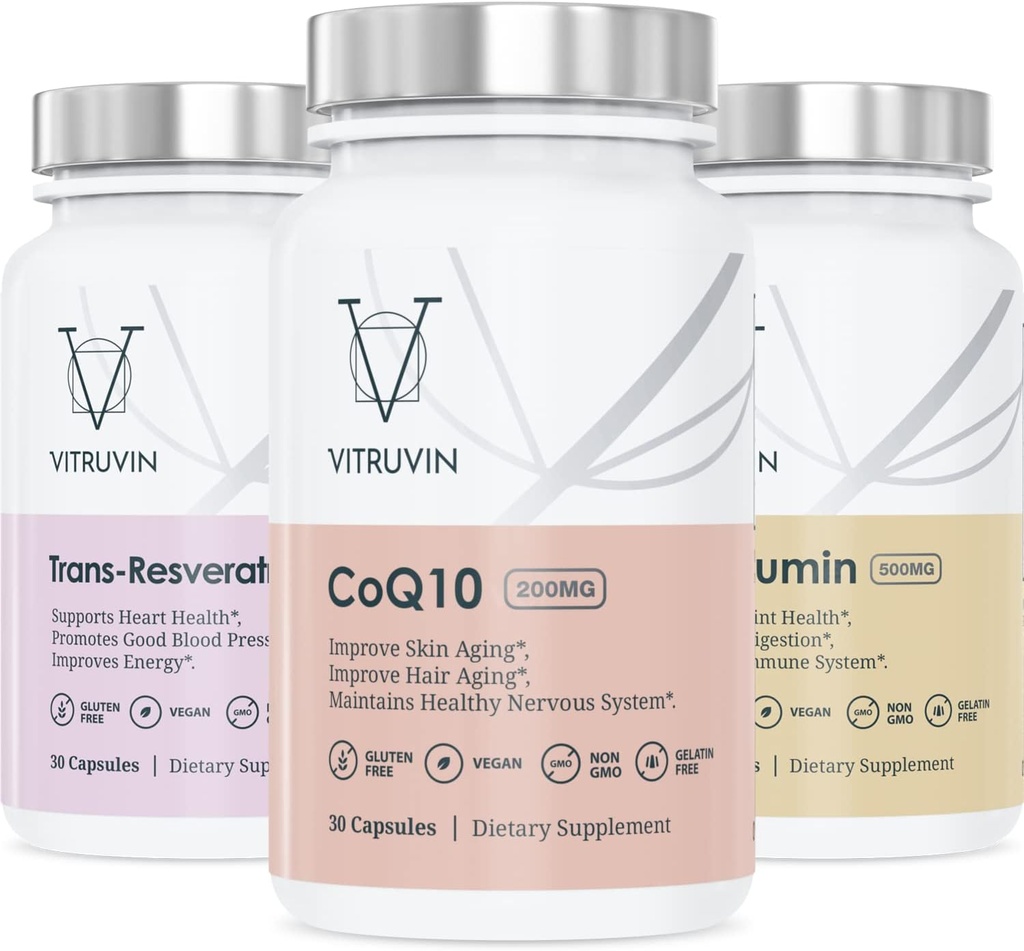 Vitruvin Beauty + Comfort Pack COQ10 200mg + Trans- Resσβερατρόλη 500mg + Κουρκουμίνη 500mg, Vegan, Μη ΓΤΟ, Γλουτένη-ελεύθερο, Ζελατίνη-ελεύθερο. Υγιεινό δέρμα, Ακούστε, αρθρώσεις και εγκέφαλος