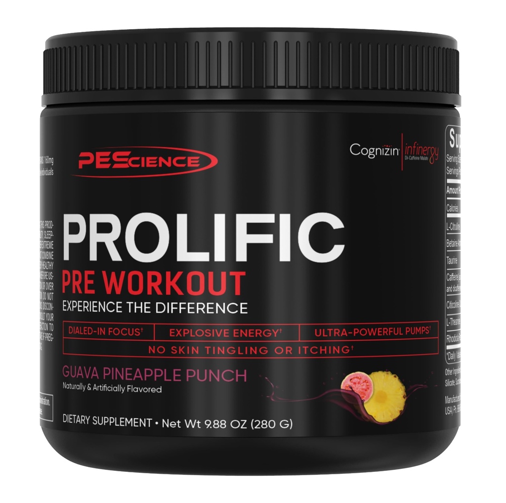 PEScience Prolific Pre Workout Powder for Men & Women with L-Citrulline Nitric Oxide Booster, Energy Powder & Nootropic for Focus – Preworkout Χωρίς Beta Alanine – 40 Scoops, Guava Punch Ανανάς