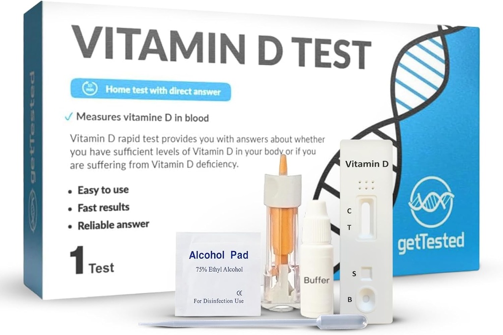 GetTested Βιταμίνη D Test Kit στο σπίτι - Αυτοτελέχη για την ανεπάρκεια βιταμίνης D - Γρήγορη, Ακριβή αποτελέσματα - Εύκολο στη χρήση - Δεν απαιτείται εργαστήριο - Περιλαμβάνει Lancet Buffer Cassette - Δάχτυλο Prick εξέταση αίματος