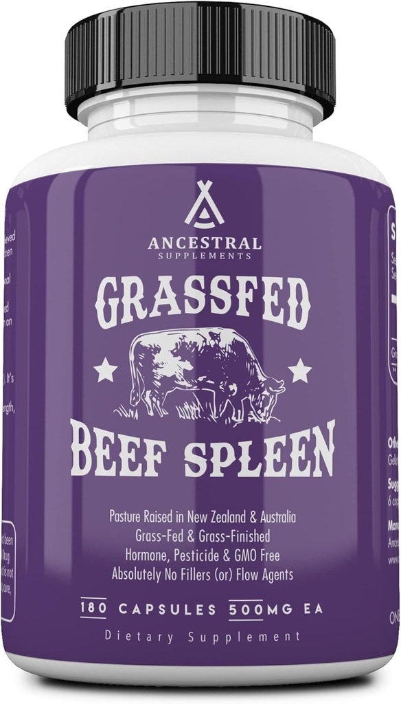 Προγονικά συμπληρώματα Grass Fed Beef Spleen Supplement, 3000mg Beef Organ Spleen Υποστήριξη Φόρμουλα προωθεί Digestive, Immune, Σίδερο, Ενέργεια και Αλλεργία Υγεία, Μη ΓΤΟ, 180 κάψουλες