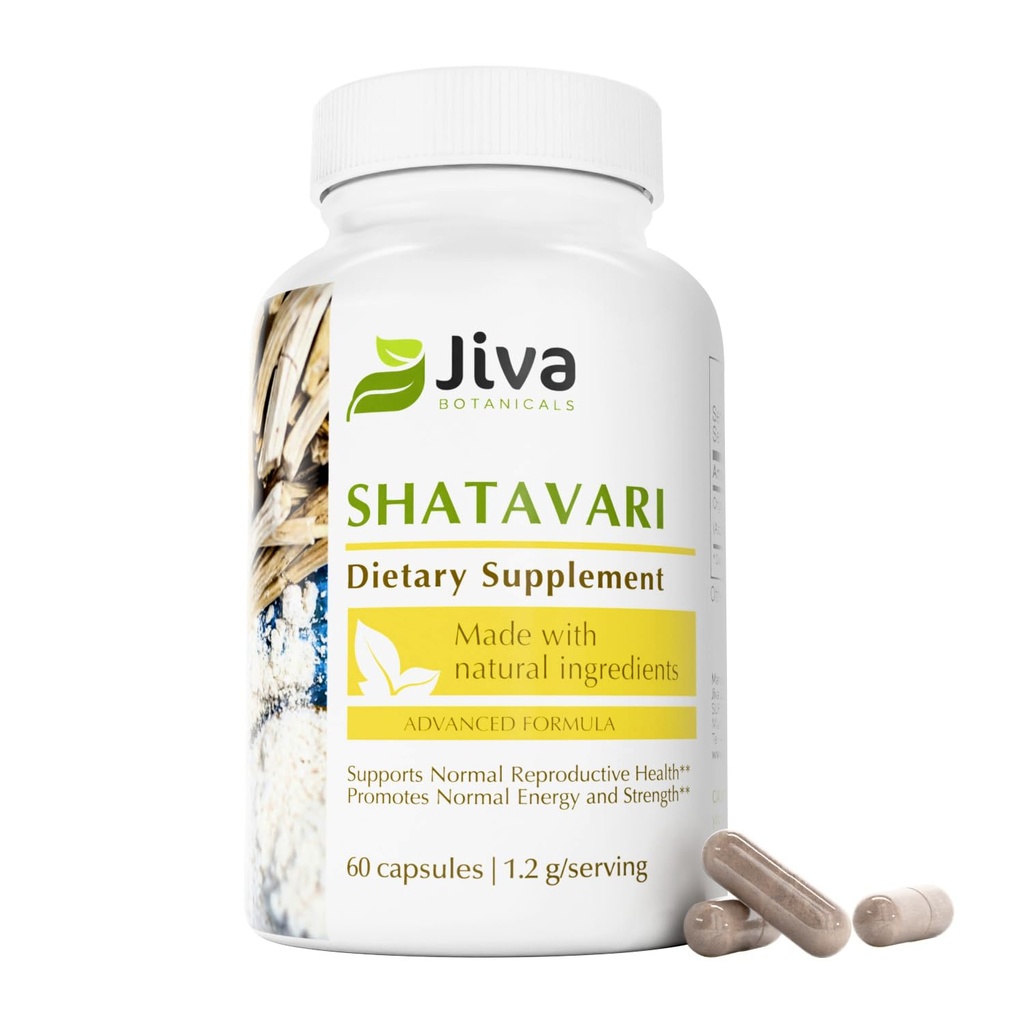 Jiva Botanicals Κάψουλες Shatavari για γυναίκες – 1.200mg Βιολογική σκόνη Shatavari για ορμονική ισορροπία, Γυναικεία αναπαραγωγική υγεία & εμμηνόπαυση Υποστήριξη – Μη ΓΤΟ, Vegan, Χωρίς γλουτένη – 60 κάψουλες