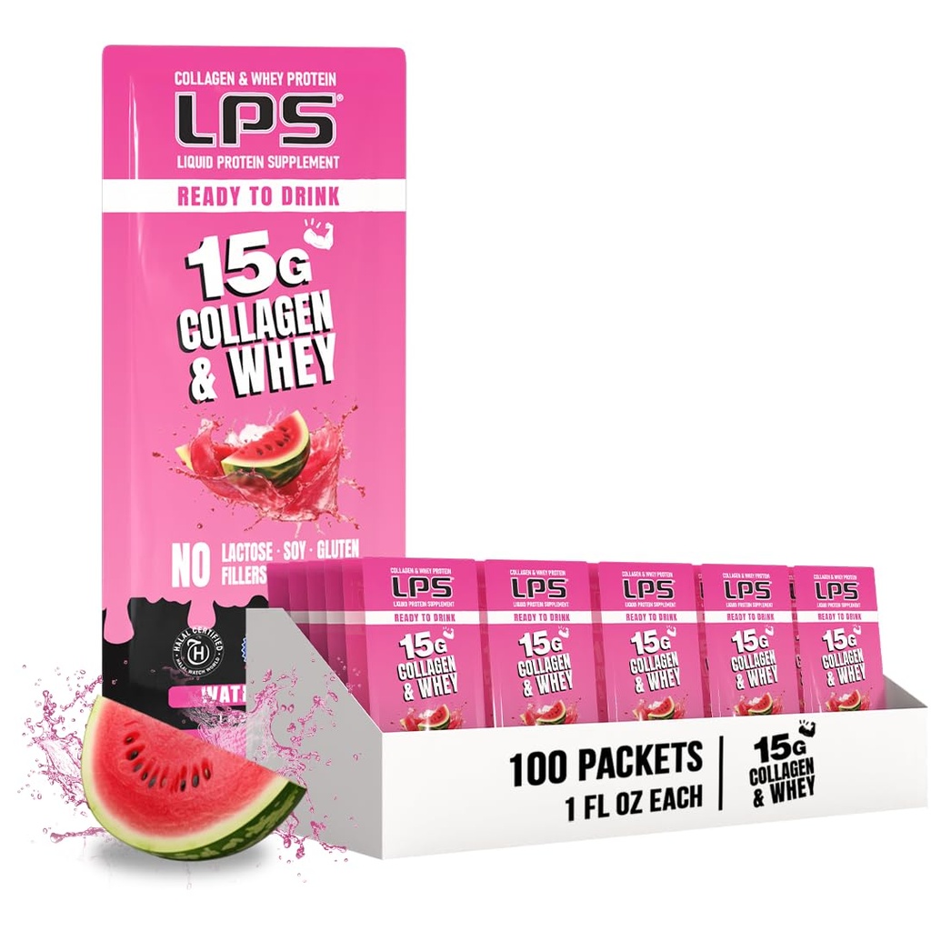 Διατροφικά Σχέδια LPS Liquid Collagen & Whey Protein Supplement - Μη-GMO Drink, Sugar-Free - Προάγει το υγιές δέρμα & τα μαλλιά για άνδρες και γυναίκες, Καρπούζι, Ενιαία Σερβίρετε (100 πακέτα)