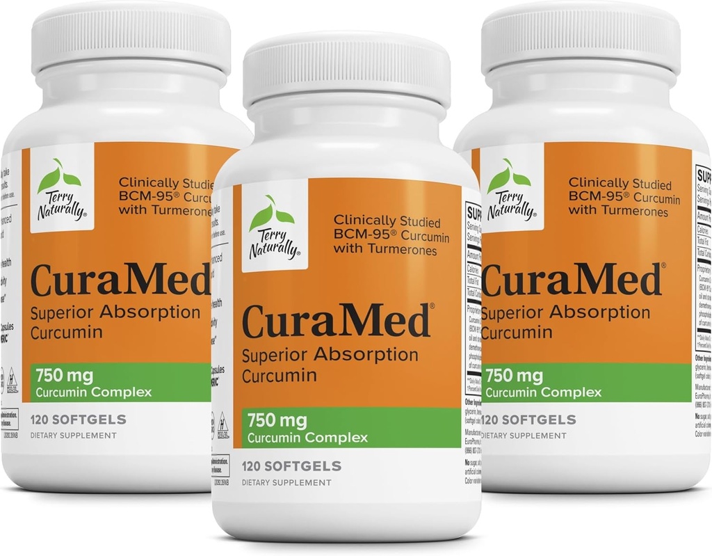 Terry Naturally CuraMed 750 mg - Antioxidant Supplement for Brain & Heart Health - Supplement with High-Potency Curcumin Complex - Kidney, Liver & Immune Health Support - 120 Softgels (Pack of 3)