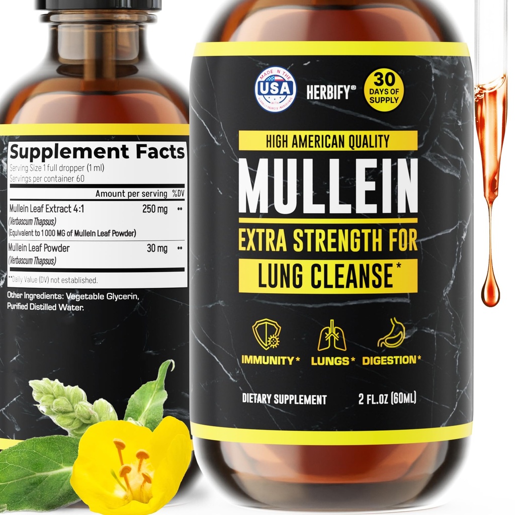HERBIFY Mullein Extract 2 oz Βάμμα για την αναπνευστική υγεία, φύλλα και λουλούδια Mullein Blend (Verbascum Densiflorum)