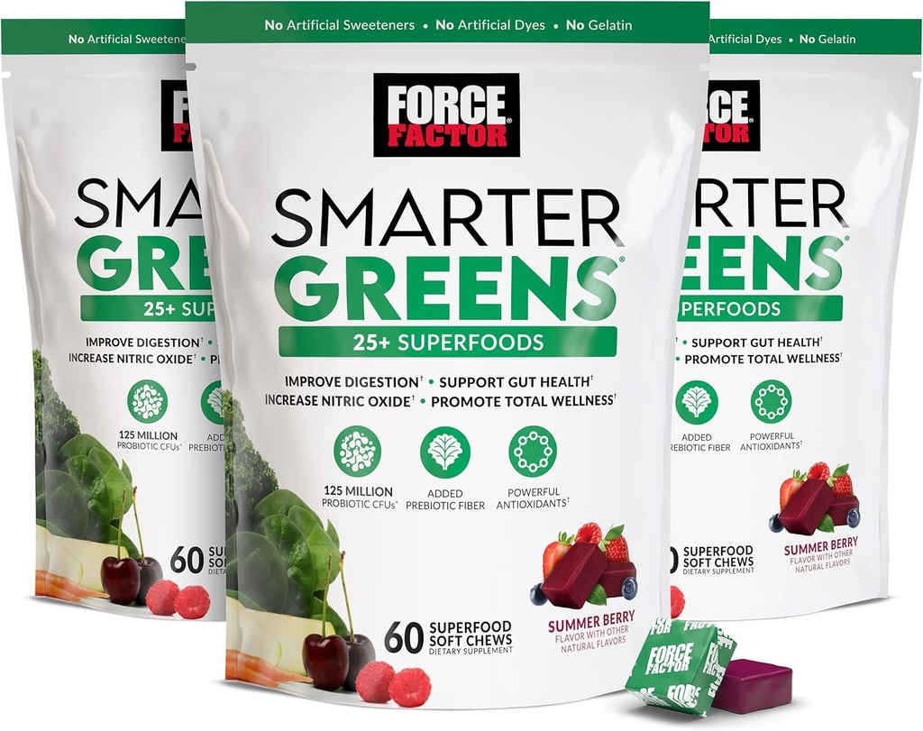 FORCE FACTOR Smarter Greens Superfood Chews, 3-Pack, Greens and Superfoods with Probiotics, Antioxidants, and Fiber, Greens Supplement to Support Digestion, Nitric Oxide, and Energy, 180 Chews