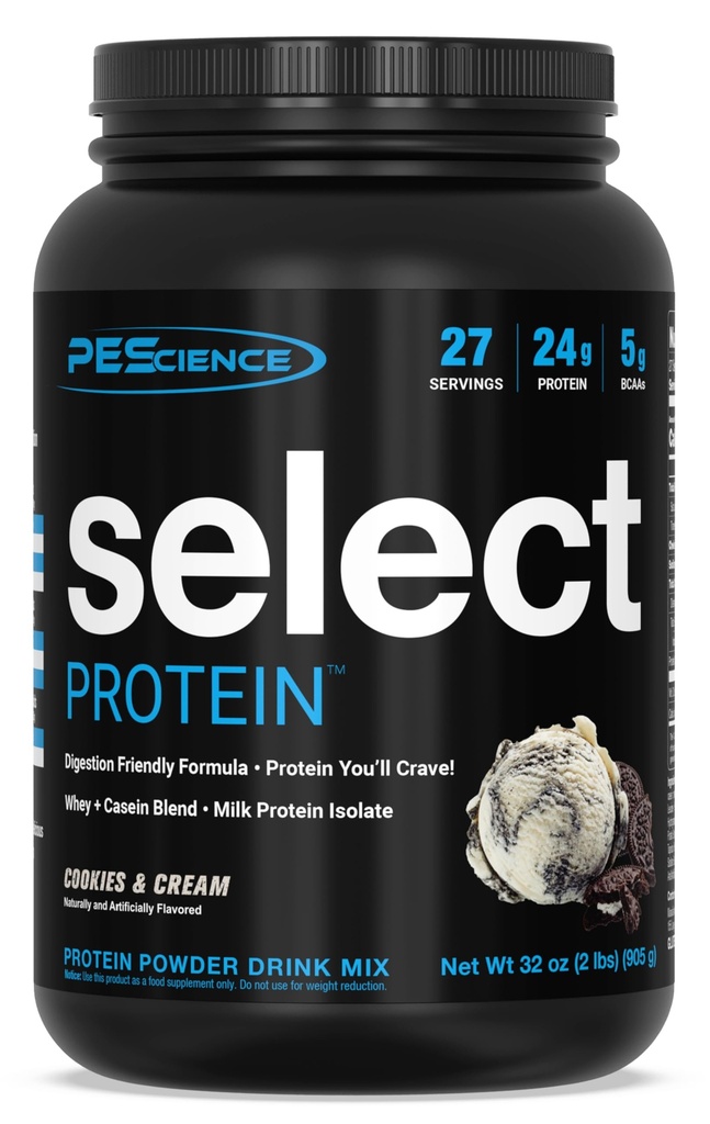PEScience Select Protein Powder, Whey and Casein Blend, Lean Protein Powder for Women and Men, Low Calorie, Low Carb, Keto Friendly, Gluten Free, Cookies and Cream - 27 Servings