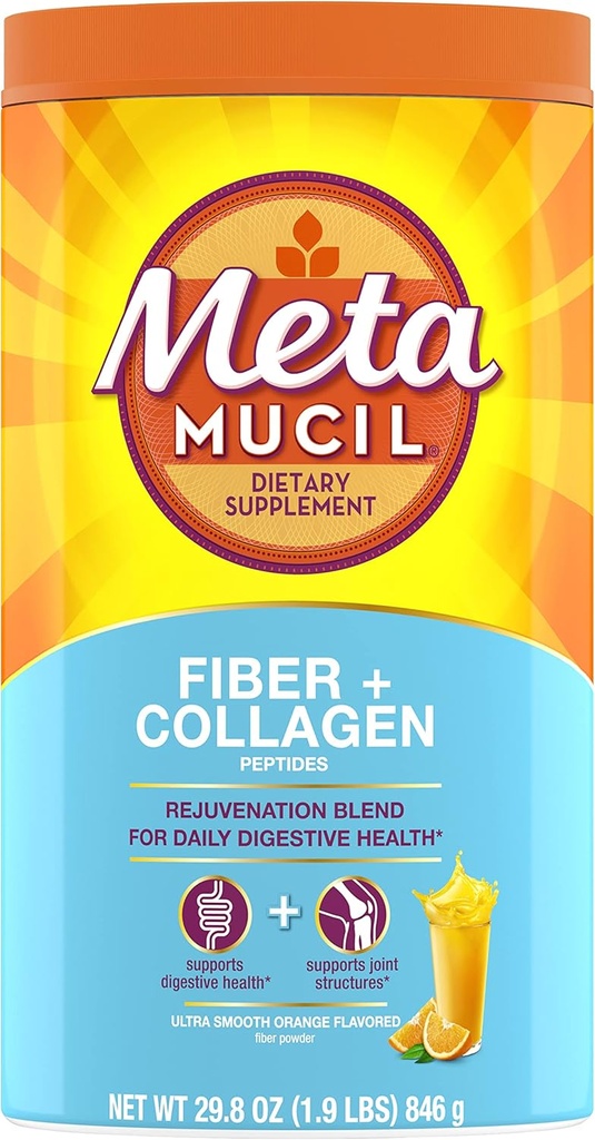 Metamucil Daily Fiber + Collagen, Psyllium Husk σκόνη, Φυτική Fiber συμπλήρωμα, Χωρίς ζάχαρη με Stevia, 3-σε-1 Fiber συμπλήρωμα για Digestive Health, Πορτοκαλί Γεύση, 90 Δόσεις