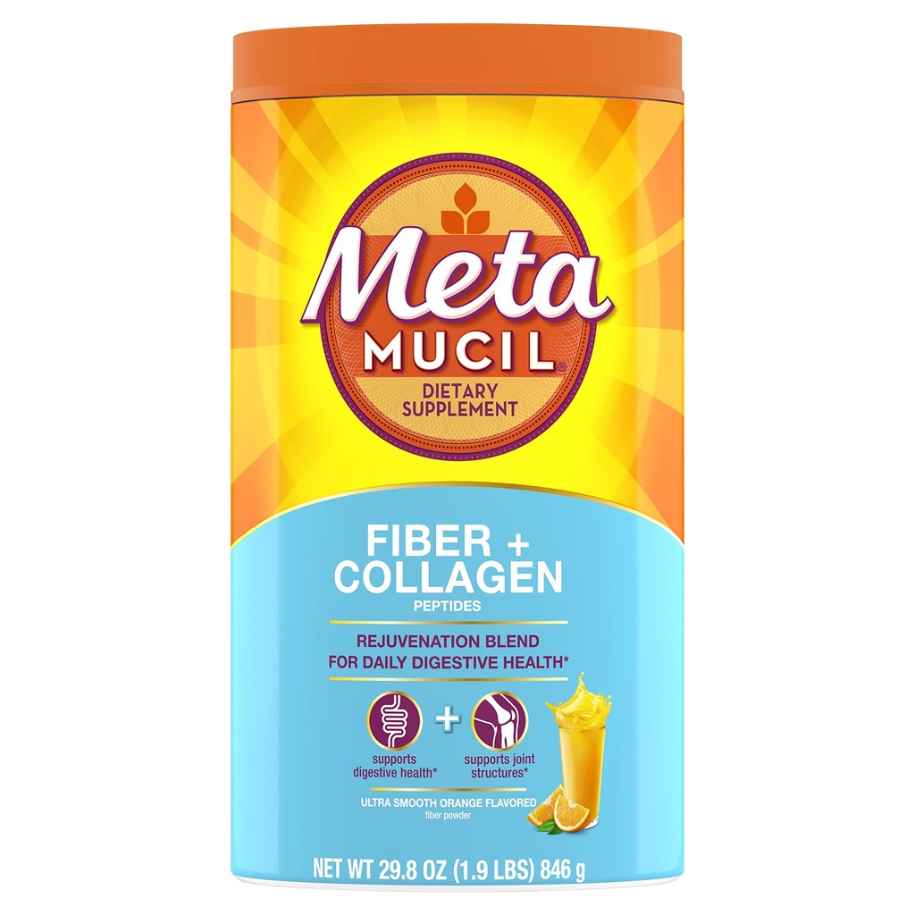 Metamucil Daily Fiber + Collagen, Psyllium Husk σκόνη, Φυτική Fiber συμπλήρωμα, Χωρίς ζάχαρη με Stevia, 3-σε-1 Fiber συμπλήρωμα για Digestive Health, Πορτοκαλί Γεύση, 90 Δόσεις