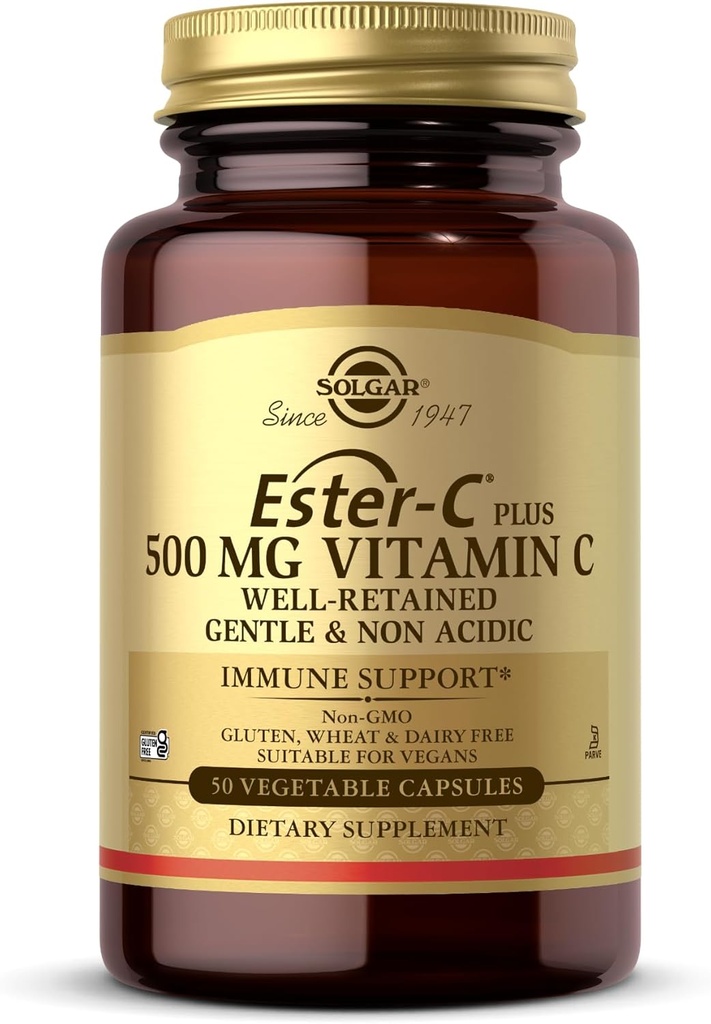 Solgar Ester-C Plus 500 mg Βιταμίνη C (Ascorbate Complex) - 50 κάψουλες λαχανικών - Απαλό & μη Οξύ - Αντιοξειδωτικό & Ανοσολογική Υποστήριξη - Μη ΓΤΟ, Vegan, Χωρίς Γλουτένη, Kosher - 50 Σερβιέτες