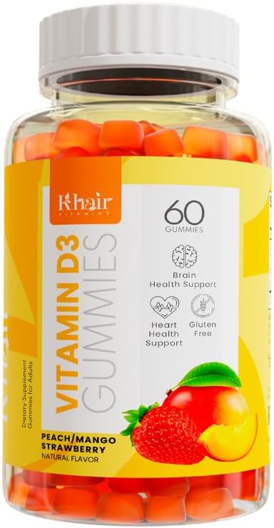 Khair Halal Vitamin D3 Gummies for Bone & Muscle Support - Μη-GMO, Γλουτένη & Ζελατίνη Δωρεάν, Χορτοφαγικά, Haal-Certified, Φυσικό Μάνγκο, Ροδάκινο & Frawberry Flavors - 60 Gummies