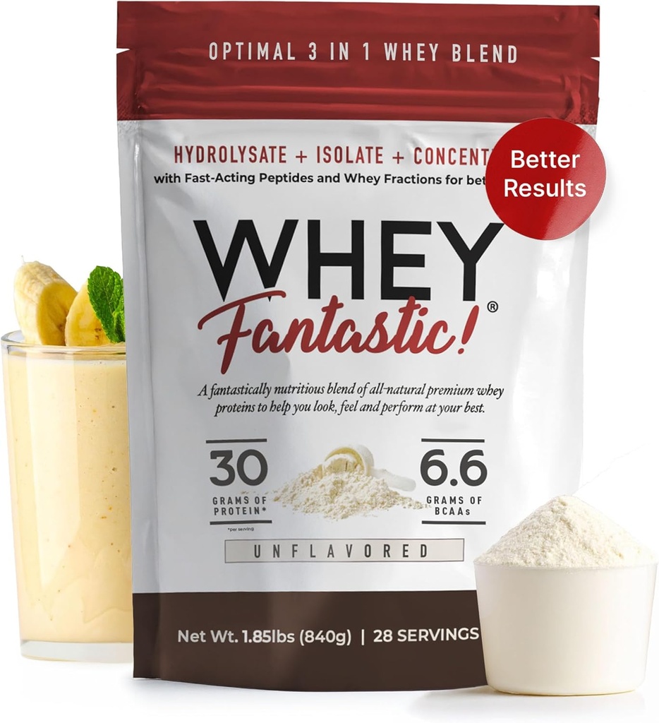 3-in-1 Whey Protein Powder Unflavored 2.2lb – 30g of Grass-Fed Protein from Whey Hydrolysate, Isolate and Concentrate per Serving – Non-GMO, Soy-Free, Sugar-Free – 28 Servings