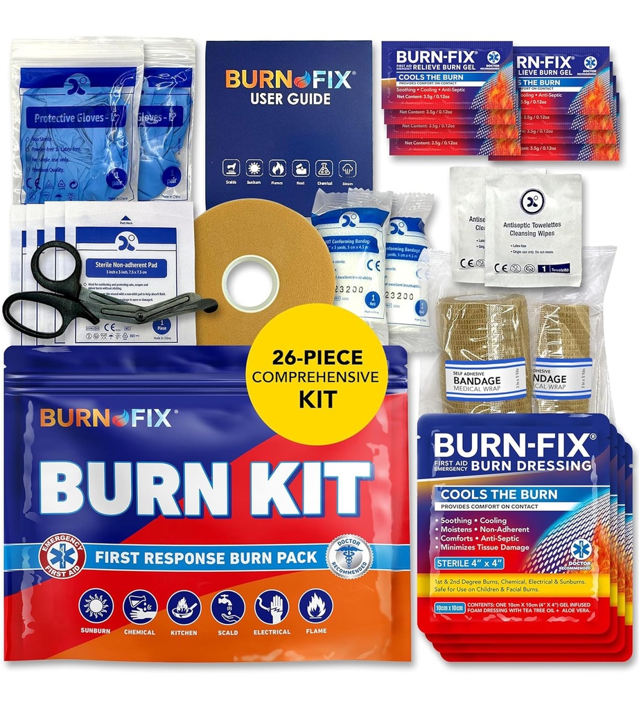 BurnFIX® Burn Kit First Aid Recommended by Doctors, Comprehensive 25pcs First Aid Kit Includes Burn Gel, Burn Dressing, Gloves, Scissors, Wipes for Quick Burn Relief - Sunburn, Electrical, Flame Burns