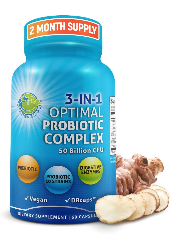 Probiotics with Digestive Enzymes and Prebiotic for Women and Men - 3-in-1 Vegan Probiotic Multi Enzyme Complex for Gut Health - Μέγιστες Απορρόφηση Καθυστερημένες κάψουλες