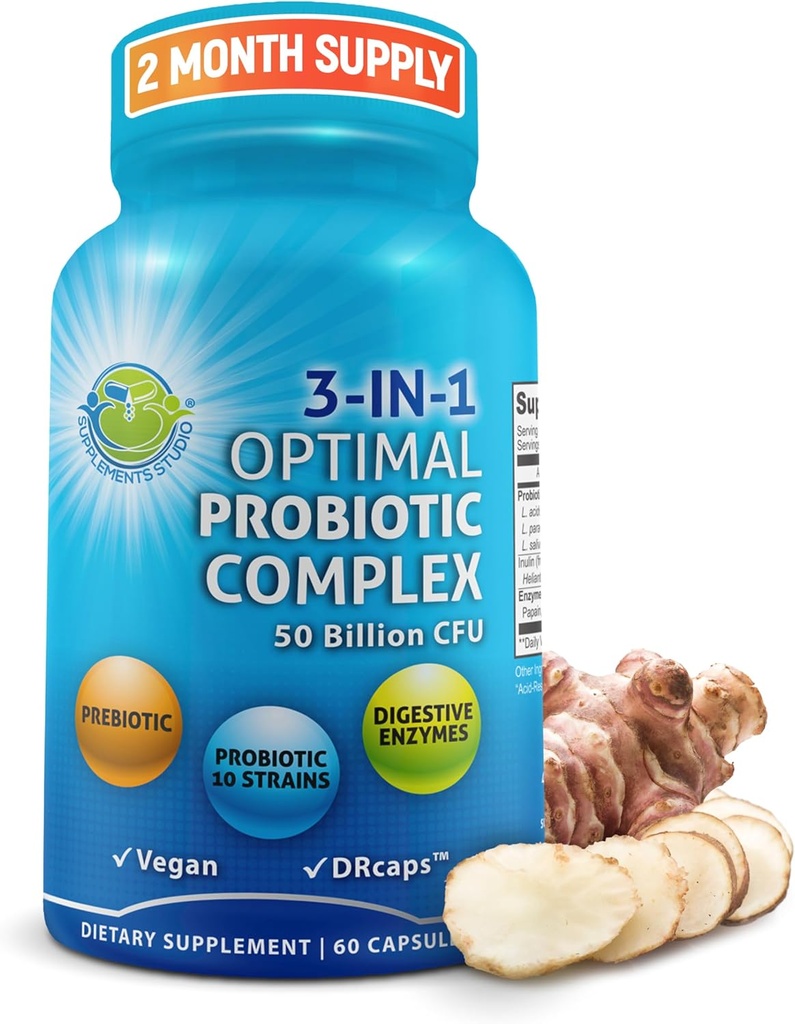 Probiotics with Digestive Enzymes and Prebiotic for Women and Men - 3-in-1 Vegan Probiotic Prebiotic Multi Enzyme Complex for Gut Health - Maximum Absorption Delayed-Release Capsules