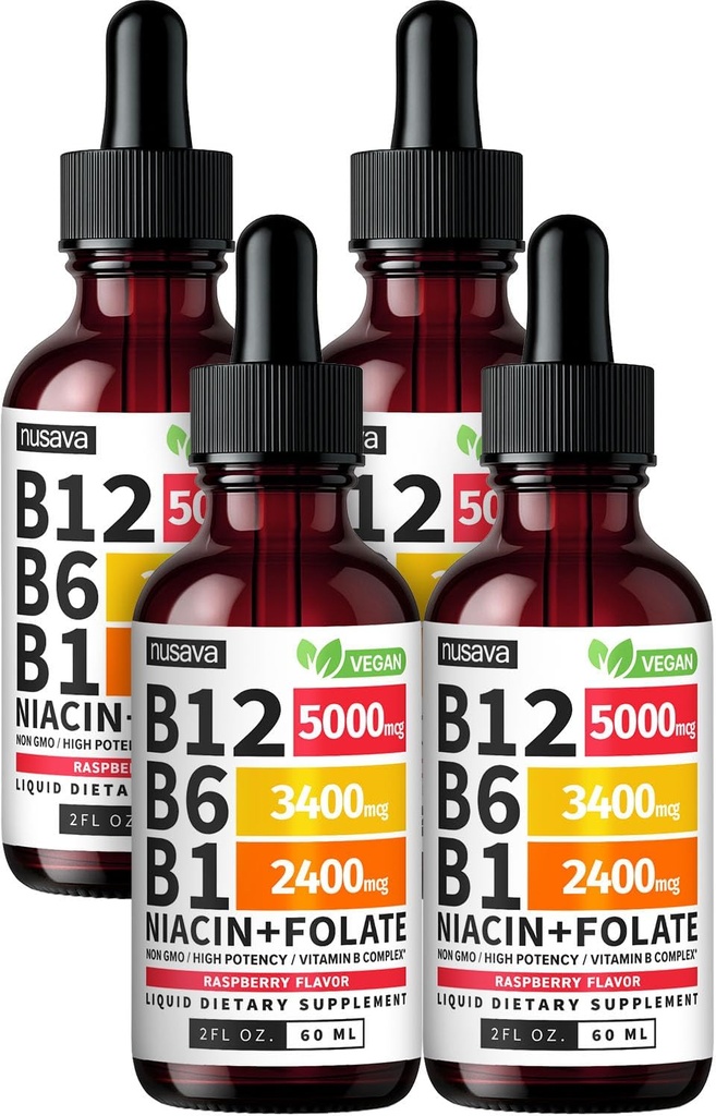(4 Pack) Vitamin B12 and B6 Liquid Drops, B12 Sublingual Vitamin B Complex - B 12 Vitamin 5000mcg - B12 Methylcobalamin for Energy, Brain, and Heart Support with 27,200 mcg, Strawberry, 80 Servings