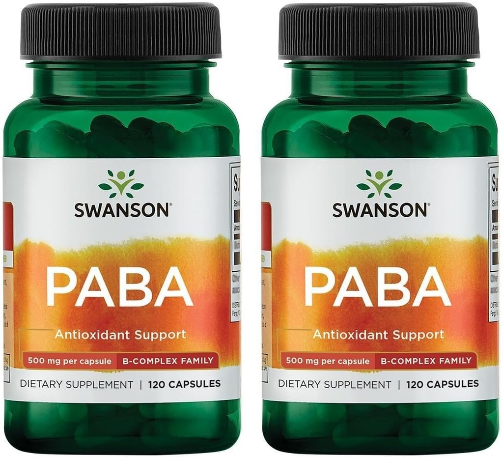 Swanson PABA - Powerful B Complex Supporting Red Blood Cell Formation - Folic Acid Component Aiding Supply Oxygen to Cells and Skin Health Support - (120 Capsules, 500mg Each) (2 Pack)