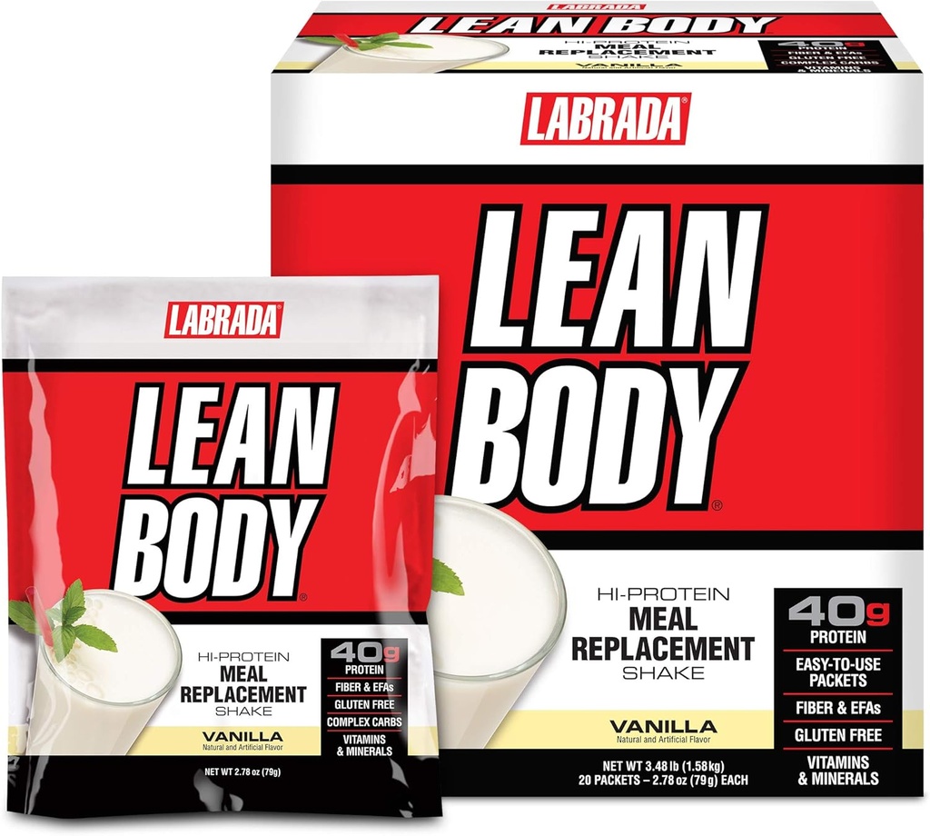 Lean Body MRP All-In-One Vanilla Meal Replacement Shake, 40g Protein, Whey Blend, 8g Healthy Fats & Fiber της EFA, 22 Βιταμίνες και Ορυκτά, Χωρίς τεχνητό χρώμα, Χωρίς Γλουτένη, (20 συσκευασίες)