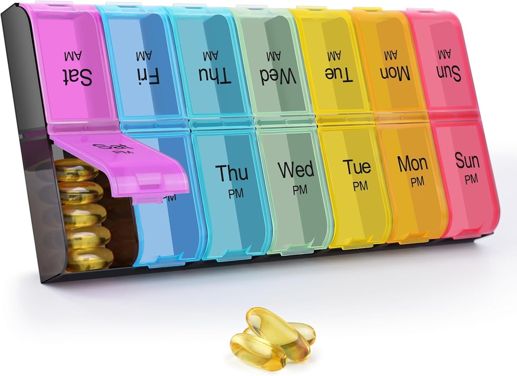 GREENCYCLE Extra Large Weekly Pill Organizer 2 φορές A Day,7 Day Pill Box AM PM Medicine Planner Dispenser Case with XXL Compartment Home Pill Container for Vitamins Fish Oil Supplements (Rainbow)