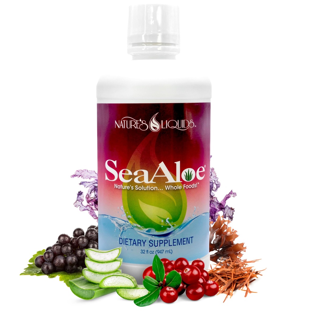 Υγρά της φύσης - SeaAloe Liquid Whole Food, (32 Oz) Υγρή Πολυβιταμίνη και Ορυκτό Συμπλήρωμα, Με Αλόη Βέρα, Θαλάσσια Λαχανικά, Pau D’ Arco, Για Πέψη, Ανοσολογική Υποστήριξη & Θυρεοειδή Λειτουργία - 1 Φιάλη